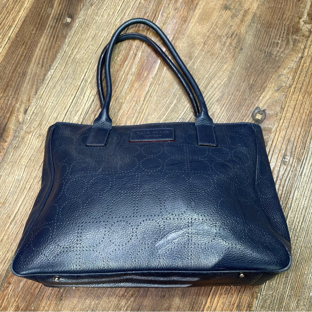 Kate Spade Navy Blue Perforated Pebbled Leather Satchel Shoulder Handbag - Picture 2 of 15